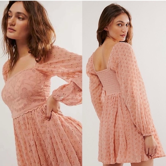 NWOT FREE PEOPLE Malina Embroidered Eyelet Mini Dress Pink - Picture 1 of 8